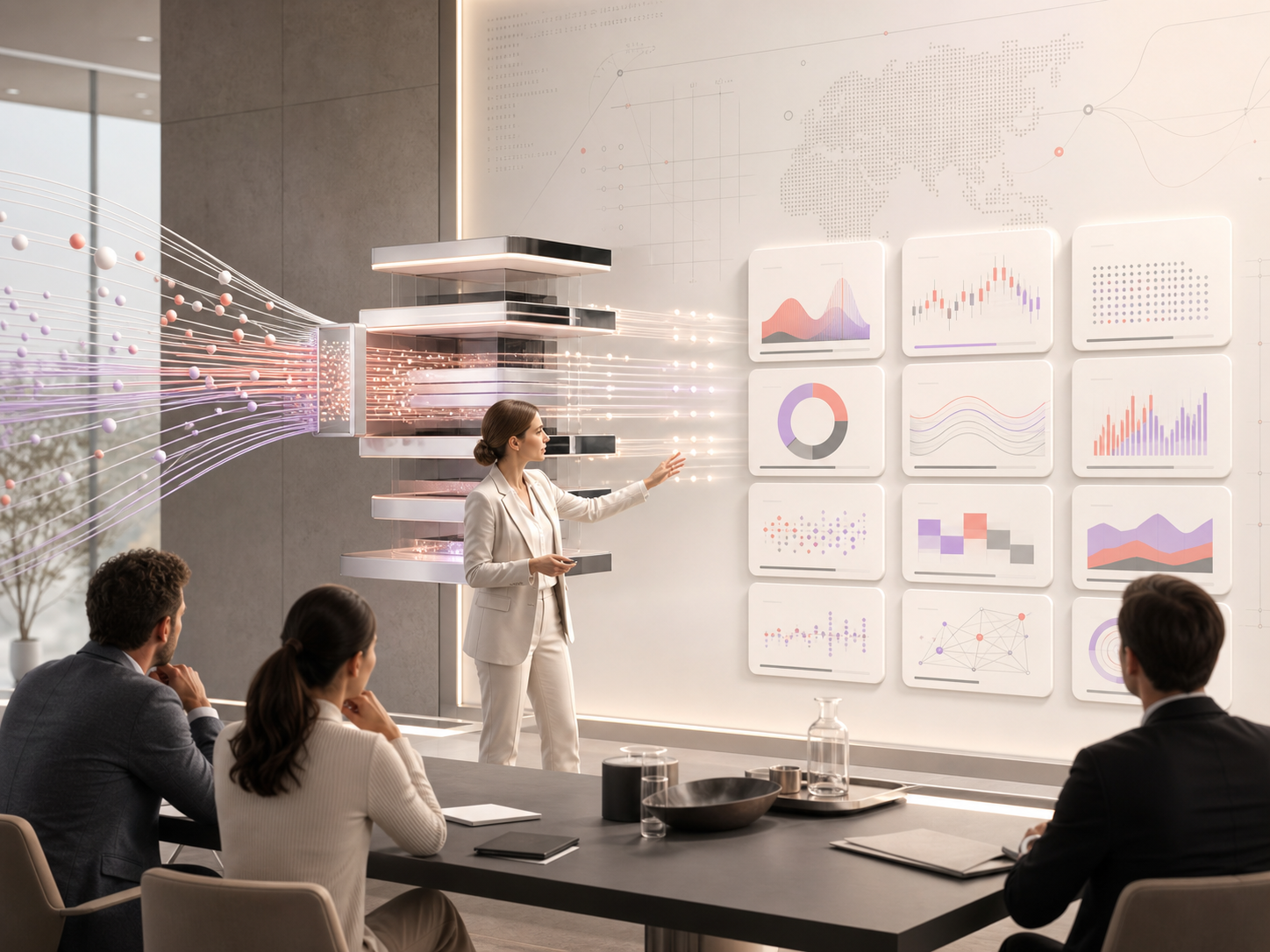 Professional presenting structured financial data flowing through a modern information platform