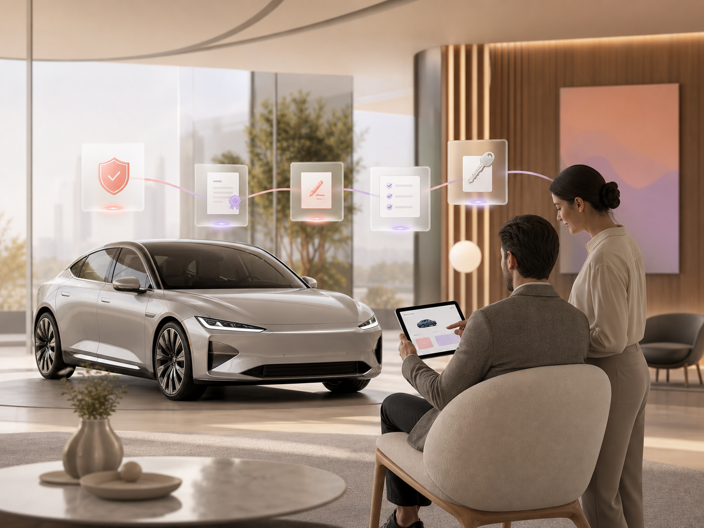 Unbranded electric car and tablet-based retail finance journey in a modern showroom